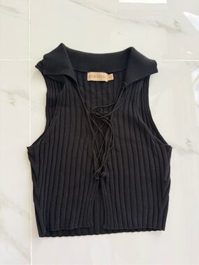 AYA MUSE Black Ribbed Lace-Up Collared Tank